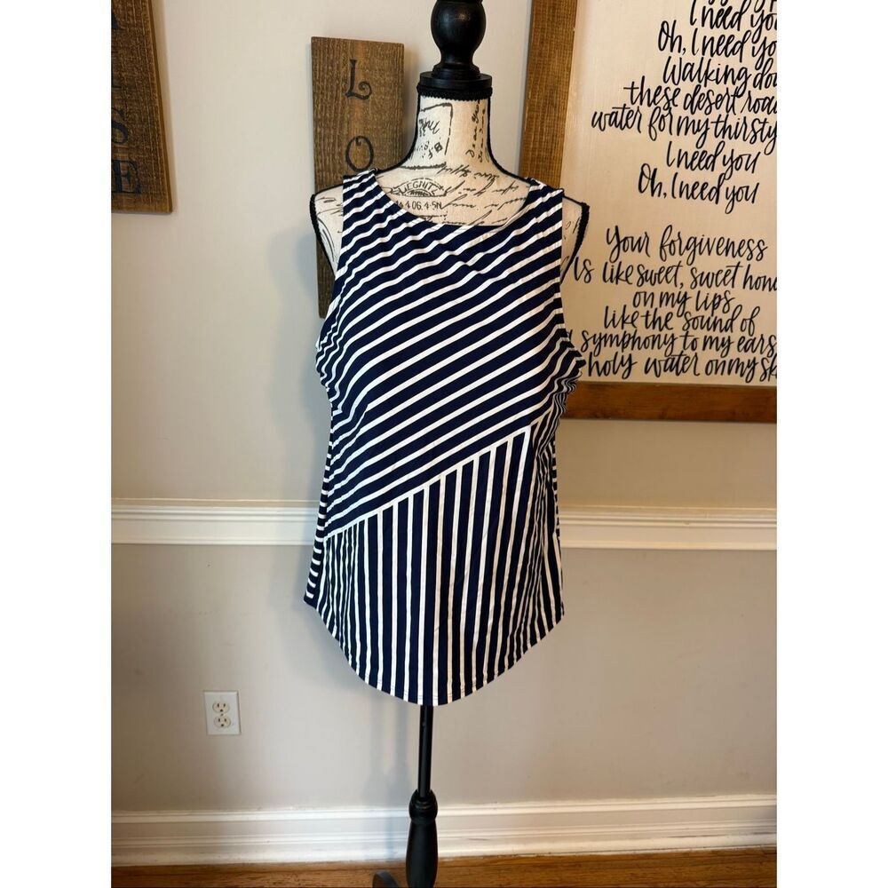 Lands' End Women's Stripe High-Neck Swimwear Tankini Top Navy Blue White Size 16